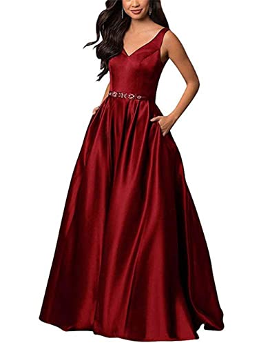 KURFACE Damen V Ausschnitt Ballkleid V-Ausschnitt Perlen formelle Abendkleider mit Taschen, burgunderfarben, 46 von KURFACE