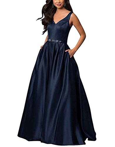 KURFACE Damen V Ausschnitt Ballkleid V-Ausschnitt Perlen formelle Abendkleider mit Taschen, marineblau, 38 von KURFACE