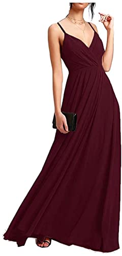 KURFACE Damen V-Ausschnitt Hochzeit Brautjungfer Kleider Lange Spaghettiträger Chiffon Maxi Formal Abendkleid, burgunderfarben, 36 von KURFACE