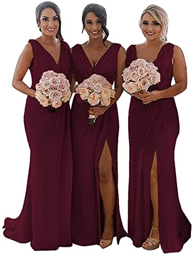 KURFACE Doppelter V-Ausschnitt Hochzeit Brautjungfernkleider Lange Trauzeugin Kleid Chiffon Formal Abendkleider für Frauen, Burgundy, 36 von KURFACE