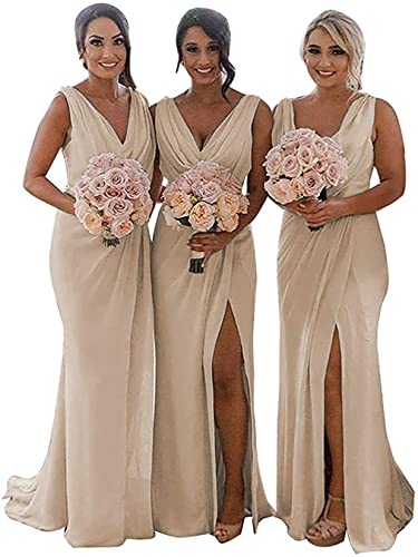 KURFACE Doppelter V-Ausschnitt Hochzeit Brautjungfernkleider Lange Trauzeugin Kleid Chiffon Formal Abendkleider für Frauen, Champagne, 42 von KURFACE