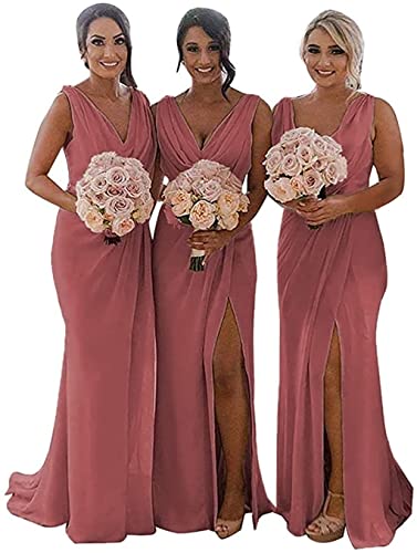 KURFACE Doppelter V-Ausschnitt Hochzeit Brautjungfernkleider Lange Trauzeugin Kleid Chiffon Formal Abendkleider für Frauen, Cinnamon Rose, 44 von KURFACE