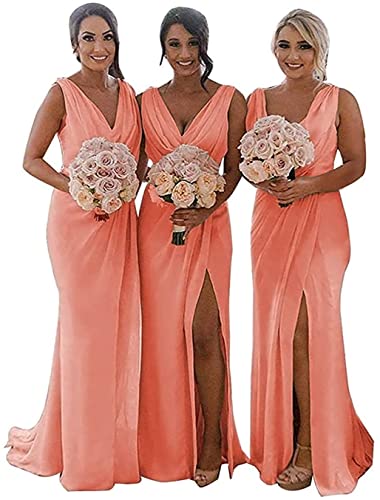KURFACE Doppelter V-Ausschnitt Hochzeit Brautjungfernkleider Lange Trauzeugin Kleid Chiffon Formal Abendkleider für Frauen, Coral, 40 von KURFACE