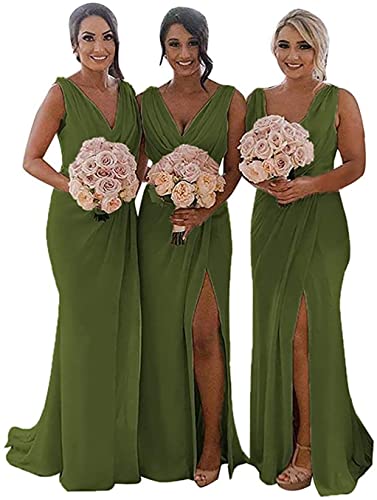 KURFACE Doppelter V-Ausschnitt Hochzeit Brautjungfernkleider Lange Trauzeugin Kleid Chiffon Formal Abendkleider für Frauen, Olive Green, 32 von KURFACE