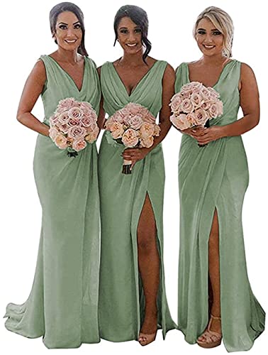 KURFACE Doppelter V-Ausschnitt Hochzeit Brautjungfernkleider Lange Trauzeugin Kleid Chiffon Formal Abendkleider für Frauen, Sage Green, 48 von KURFACE
