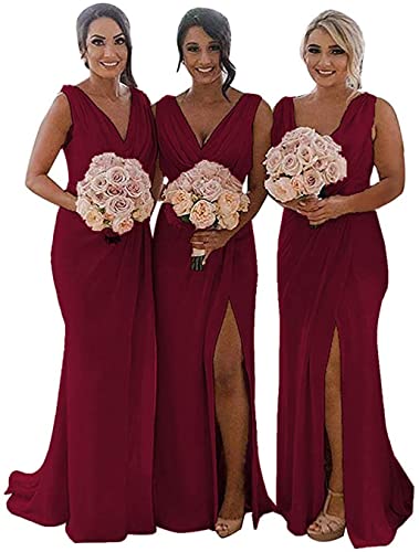 KURFACE Doppelter V-Ausschnitt Hochzeit Brautjungfernkleider Lange Trauzeugin Kleid Chiffon Formal Abendkleider für Frauen, weinrot, 38 von KURFACE