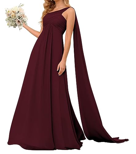 KURFACE Eine Schulter Hochzeit Party Kleider für Frauen Junioren Chiffon Lange Maxi Flattern Formelle Abendkleider, burgunderfarben, 38 von KURFACE