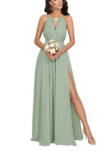 KURFACE Hochzeit Brautjungfer Kleid für Frauen Schulterfrei Neckholder Plissee formelles Abendkleid mit Schlitz, salbeigrün, 32 von KURFACE