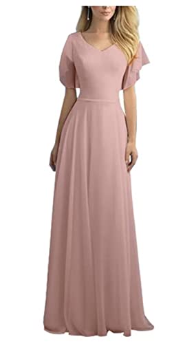 KURFACE Hochzeit Brautjungfer Kleider Chiffon A Linie Kurze Ärmel V-Ausschnitt Lange Trauzeugin Kleider mit Taschen, Dusty Rose, 48 Plus von KURFACE