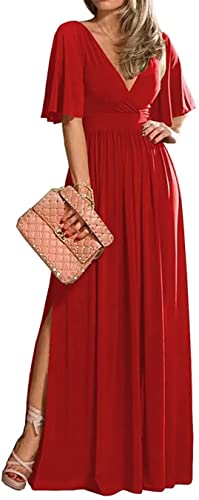 KURFACE Hochzeit Brautjungfernkleider Chiffon A Linie Kurze Ärmel V Ausschnitt Lange Trauzeugin Kleider mit Schlitz, rot, 38 von KURFACE