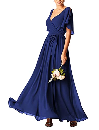 KURFACE Hochzeits-Brautjungfernkleider für Damen, kurzärmelig, Chiffon, lange Partykleider mit Taschen, königsblau, 56 Plus von KURFACE