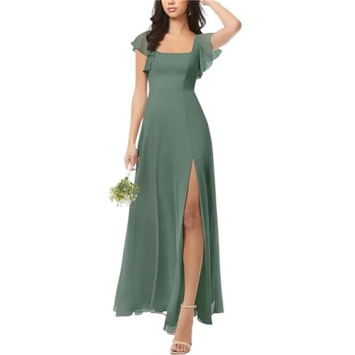 KURFACE Hochzeitsgast Kleid Eine Linie Einfache Kurzarm Bodenlangen Brautjungfer Kleid für Frauen WSX423, Eukalyptus, 32 von KURFACE