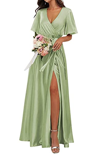 KURFACE Hochzeitskleid, Brautjungfernkleid, Wickelkleid, V-Ausschnitt, Flatterärmel, formelles Abendkleid, Partykleid für Damen, salbeigrün, 38 von KURFACE