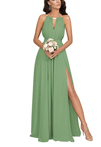 KURFACE Hochzeitskleid für Damen, schulterfrei, Neckholder, plissiert, formelles Abendkleid, Partykleid mit Schlitz, graugrün, 42 von KURFACE