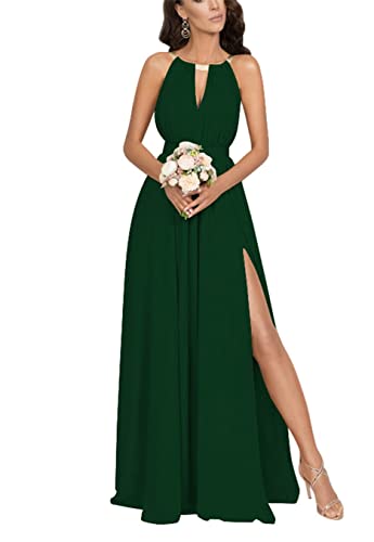 KURFACE Hochzeitskleid für Damen, schulterfrei, Neckholder, plissiert, formelles Abendkleid, Partykleid mit Schlitz, smaragdgrün, 40 von KURFACE