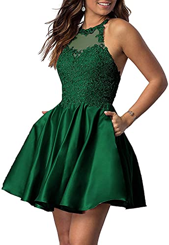 KURFACE Homecoming Kleider A Linie Ärmellose Spitze Applique Neckholder Satin Kurze Partykleider für Teenager mit Taschen, dunkelgrün, 38 von KURFACE