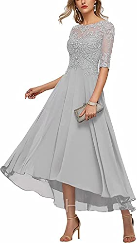 KURFACE Kleid mit Spitzenapplikation, Brautmutter und Bräutigam, A-Linie, halbe Ärmel, Abschlussball, Abendkleid, Partykleid, silber, 50 von KURFACE