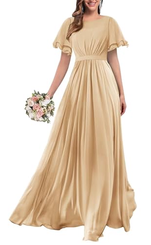 KURFACE Kurzärmeliges Brautjungfernkleid für Damen, U-Ausschnitt, A-Linie, Chiffon, langes formelles Abendkleid, champagnerfarben, 40 von KURFACE