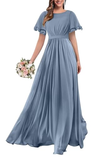 KURFACE Kurzärmeliges Brautjungfernkleid für Damen, U-Ausschnitt, A-Linie, Chiffon, langes formelles Abendkleid, dusty blue, 38 von KURFACE