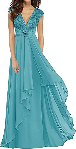 KURFACE Mutter der Braut Bräutigam Kleid Lange Rüschen V-Ausschnitt Ärmellos Hochzeitsgäste Abendkleider für Frauen, jade, 48 von KURFACE