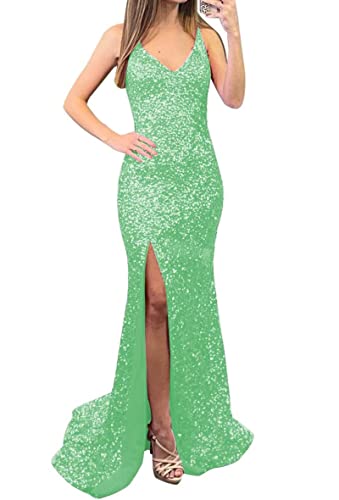 KURFACE Pailletten Meerjungfrau V-Ausschnitt Ballkleider Lange Glitzernde Split Sexy Formelle Abendparty Kleider für Frauen, Ligth Green, 36 von KURFACE