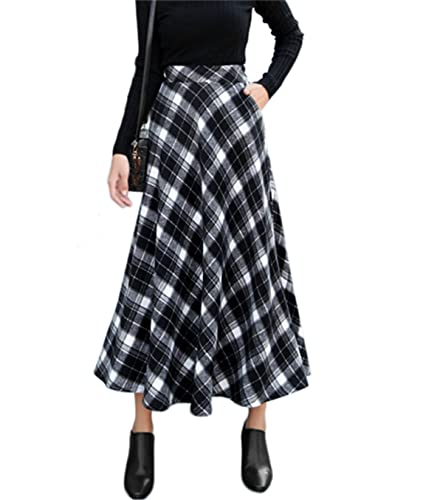 KURFACE Plaid Wollröcke Hohe Elastische Taille Winter Maxi Lange Röcke mit Taschen für Frauen, Schwarz , 48 von KURFACE