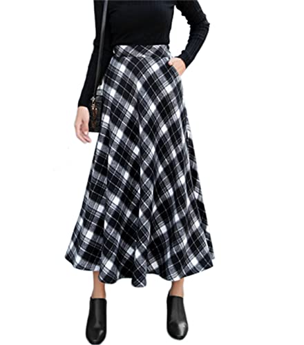 KURFACE Plaid Wollröcke Hohe Elastische Taille Winter Maxi Lange Röcke mit Taschen für Frauen, Schwarz , 52 von KURFACE