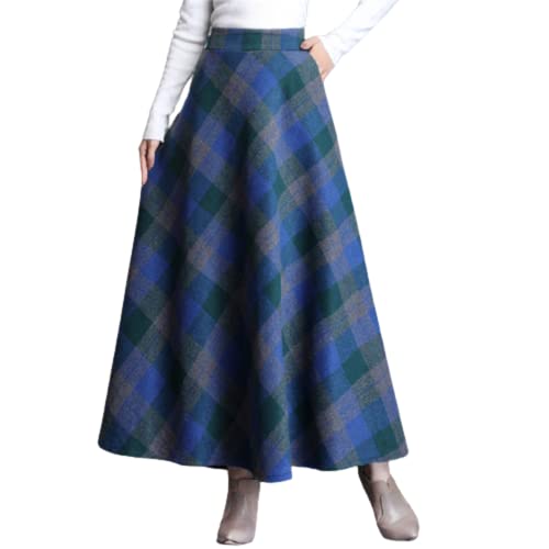 KURFACE Plaid Wollröcke Hohe Elastische Taille Winter Maxi Lange Röcke mit Taschen für Frauen, blau, 48 von KURFACE