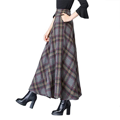 KURFACE Plaid Wollröcke Hohe Elastische Taille Winter Maxi Lange Röcke mit Taschen für Frauen, dunkelgrau, 40 von KURFACE