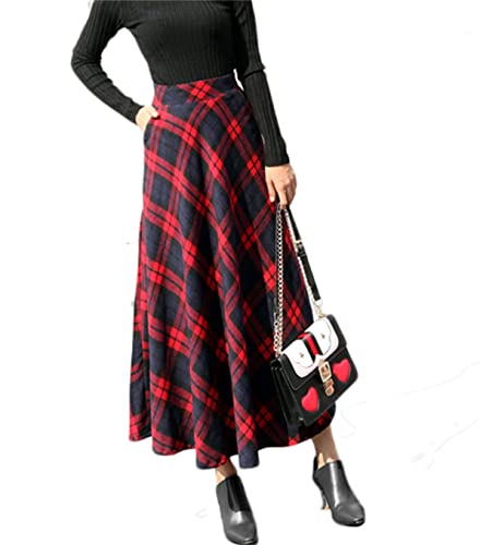 KURFACE Plaid Wollröcke Hohe Elastische Taille Winter Maxi Lange Röcke mit Taschen für Frauen, dunkelrot, 52 von KURFACE