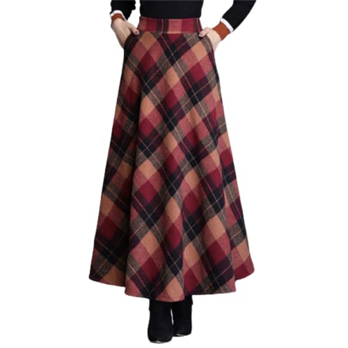 KURFACE Plaid Wollröcke Hohe Elastische Taille Winter Maxi Lange Röcke mit Taschen für Frauen, rot, 40 von KURFACE