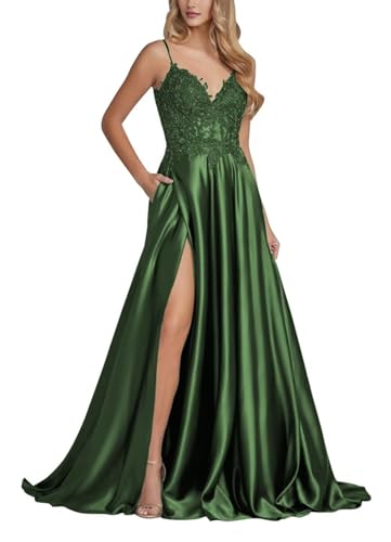 KURFACE Satin-Abschlussballkleid mit Spaghettiträgern und Schlitz-Spitzenapplikation, langes Abendkleid, smaragdgrün, 40 von KURFACE