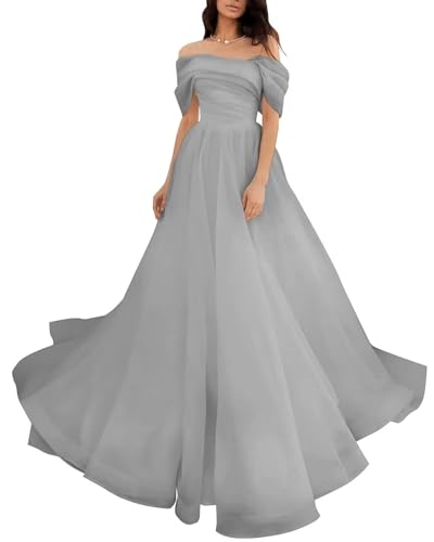 KURFACE Schulterfreie Tüllkleider Brautkleider Brautkleider formelle Abendkleider für Damen WSX519, silber, 50/Große Größen von KURFACE