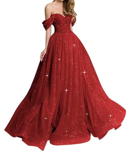 KURFACE Schulterfreies Ballkleid, langes Ballkleid, Glitzertüll, A-Linie, formelles Abendkleid, Partykleid, WSX465, weinrot, 36 von KURFACE