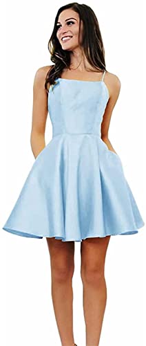 KURFACE Spaghettiträger Kurzes Homecoming Kleid A-Linie Satin Ballkleid mit Taschen für Damen, hellblau, 38 von KURFACE