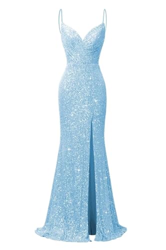 KURFACE Spaghettiträger-Pailletten-Abschlussballkleider für Damen, mit Schlitz, glitzernd, Meerjungfrau-Formelles Abendkleid, hellblau, 36 von KURFACE