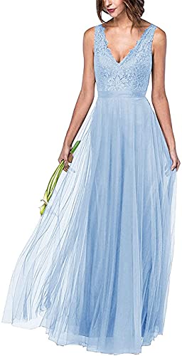 KURFACE Spitze V Ausschnitt Brautjungfer Kleid für Frauen A-Linie Ärmellos Lang Formell Hochzeit Party Kleid, babyblau, 34 von KURFACE