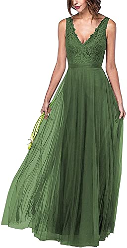 KURFACE Spitze V Ausschnitt Brautjungfer Kleid für Frauen A-Linie Ärmellos Lang Formell Hochzeit Party Kleid, olivgrün, 38 von KURFACE