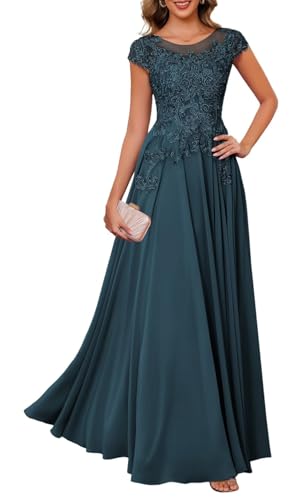 KURFACE Spitzen-Applikation, Brautmutter-Kleider für Damen, Chiffon, Flügelärmel, formelles Abendkleid, blaugrün, 50 Plus von KURFACE