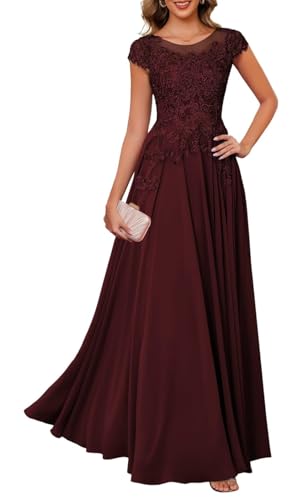 KURFACE Spitzen-Applikation, Brautmutter-Kleider für Damen, Chiffon, Flügelärmel, formelles Abendkleid, burgunderfarben, 48 KURFACE Spitzen-Applikation, Brautmutter-Kleider für Damen, Chiffon, Flügelärmel, formelles Abendkleid, burgunderfarben, 48 von KURFACE
