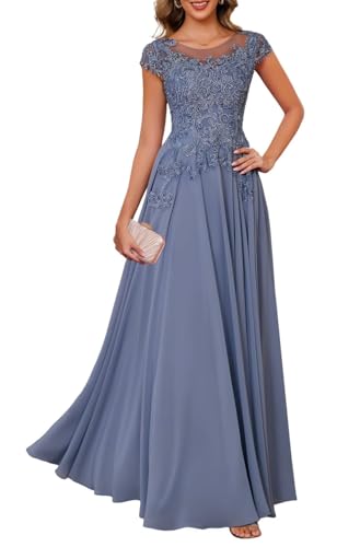 KURFACE Spitzen-Applikation, Brautmutter-Kleider für Damen, Chiffon, Flügelärmel, formelles Abendkleid, dusty blue, 38 von KURFACE