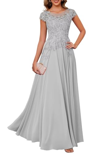 KURFACE Spitzen-Applikation, Brautmutter-Kleider für Damen, Chiffon, Flügelärmel, formelles Abendkleid, silber, 40 von KURFACE