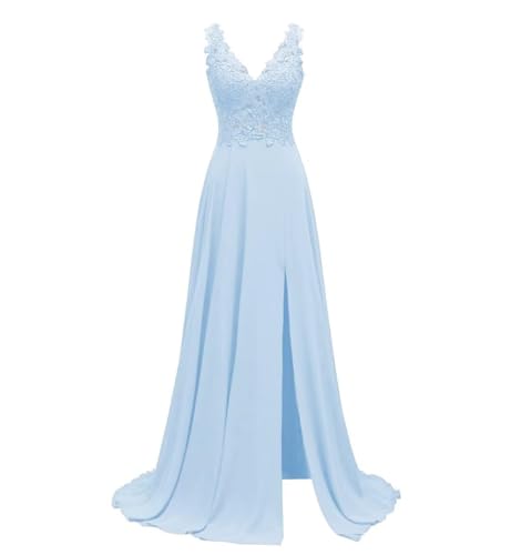 KURFACE Spitzen-Applikation, Chiffon, Brautmutter-Kleider für Hochzeit, ärmellos, lang, formelles Brautjungfernkleid, hellblau, 38 von KURFACE