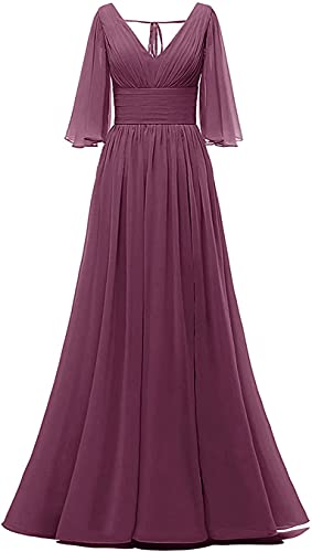 KURFACE V-Ausschnitt Brautjungfer Kleid Kurzarm Lange Hochzeit Abend Abschlussball Party Kleider für Frauen Junioren, Desert Rose, 46 von KURFACE