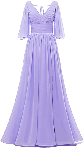 KURFACE V-Ausschnitt Brautjungfer Kleid Kurzarm Lange Hochzeit Abend Abschlussball Party Kleider für Frauen Junioren, Flieder, 34 von KURFACE