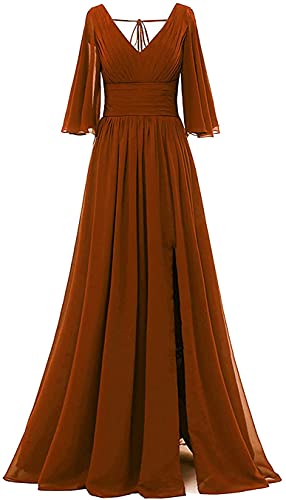 KURFACE V-Ausschnitt Brautjungfer Kleid Kurzarm Lange Hochzeit Abend Abschlussball Party Kleider für Frauen Junioren, burnt orange, 42 von KURFACE