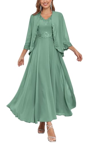 Langes Brautmutterkleid für Damen mit Jacke, 2-teilig, Chiffon, formelles Hochzeitskleid, Eukalyptus, 50 Plus von KURFACE