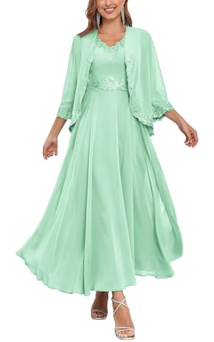 Langes Brautmutterkleid für Damen mit Jacke, 2-teilig, Chiffon, formelles Hochzeitskleid, mintgrün, 48 Plus von KURFACE