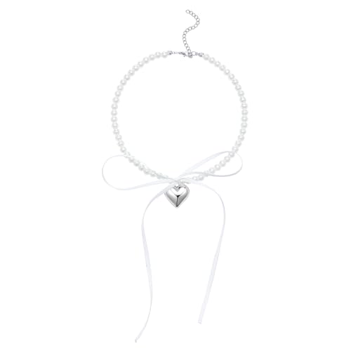Halskette mit Perlenband und Schleife, Y2K, Kokette mit Herz-Schleife, Halskette für Damen, 13.0 inch plus 2.4, Band Zink Kunstperlen Band Zink, Kein Edelstein Halskette mit Perlenband und Schleife, Y2K, Kokette mit Herz-Schleife, Halskette für Damen, 13.0 inch plus 2.4, Band Zink Kunstperlen Band Zink, Kein Edelstein von KURTCB