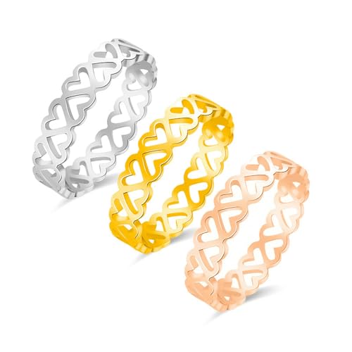 KUTCEK 3-teiliges Herz-Ring-Set aus Titanstahl für Frauen, minimalistisch, stapelbar, dünnes Band, Liebessymbol, Schmuck, feine Ringe, Geschenk für Sie, 7, Titanstahl von KUTCEK